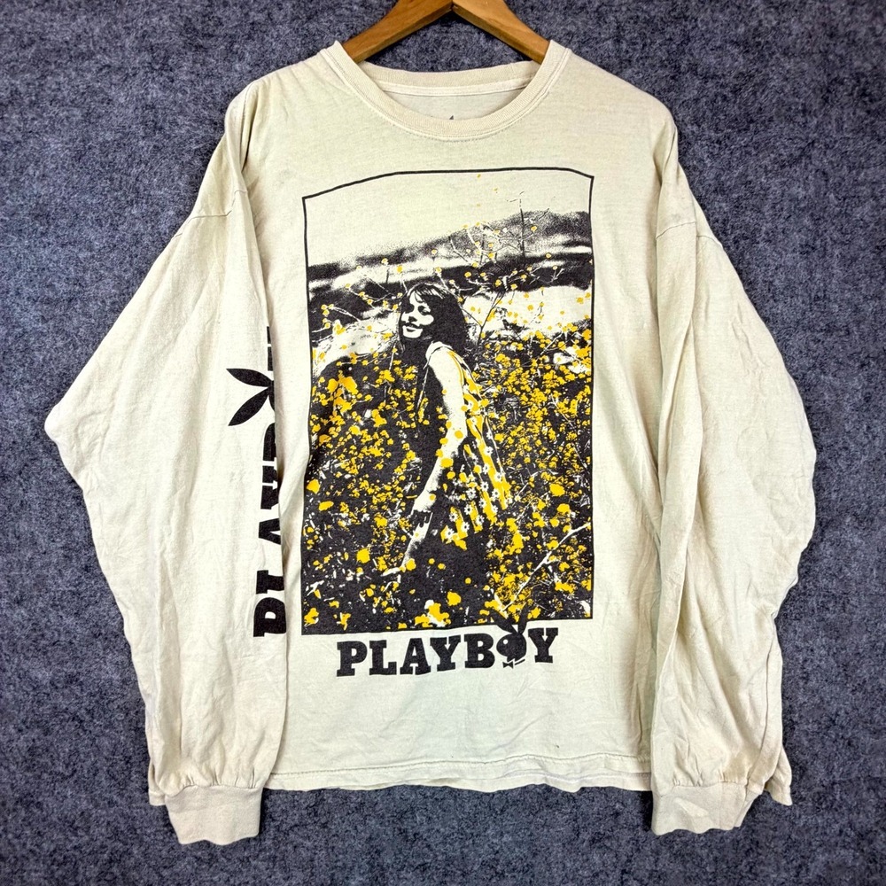 Playboy Shirt Mens XL Beige Long Sleeve‎ Graphic Print Girl in Field of Flowers